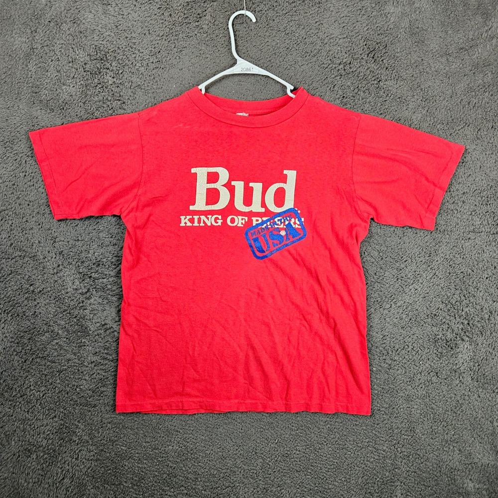 Vintage Alore Budweiser King of Beers Red Graphic T-Shirt Mens Large Made in USA
